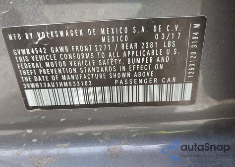 2017 Volkswagen Golf Alltrack Tsi S/Tsi Se/Tsi Sel from USA, damaged, VIN 3VWH17AU1HM533183